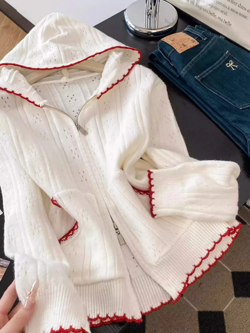 

Women's Spring 2626 Contrast Color Hooded Knitted Cardigan - Light Luxury Korean Fashion Jacket Outwear J195
