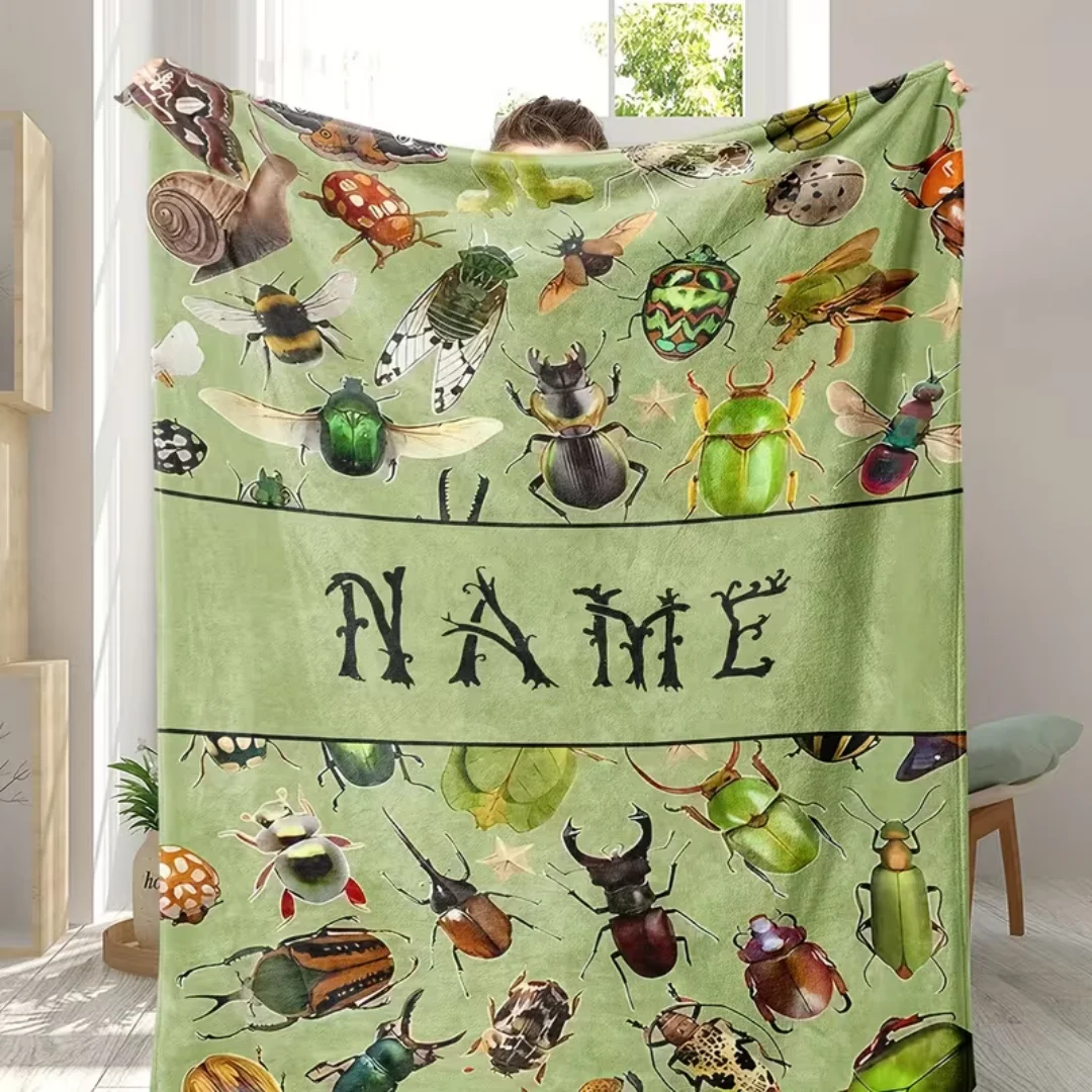 Personalized Name Insect Collection Flannel Blanket, Custom Knee Shawl Blanket for Insect Lovers, Lightweight Travel Blanket for