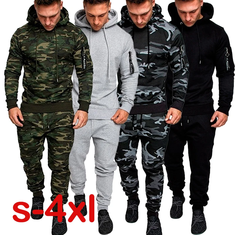 

Autumn Camouflage Grey Men's Outfits Hoodies Winter Casual Sports Sweatpants Hooded High Quality Pant Camo Tracksuit 2pcs Set