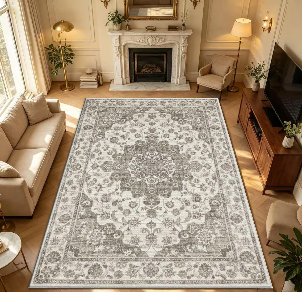 Vintage Grey White Medallion Oriental Area Rug Distressed Floral Border Floor Carpet for Living Room Bedroom Home Decor