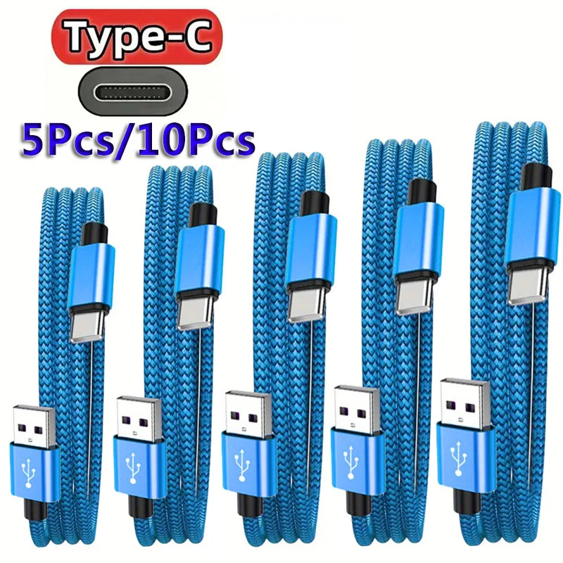 Cabo de Dados de Nylon 5/10 Peças, Carregador Rápido USB A para Tipo C, Cabo de Carregamento para Celulares Huawei Samsung Android, Dispositivo de Carregamento Tipo C