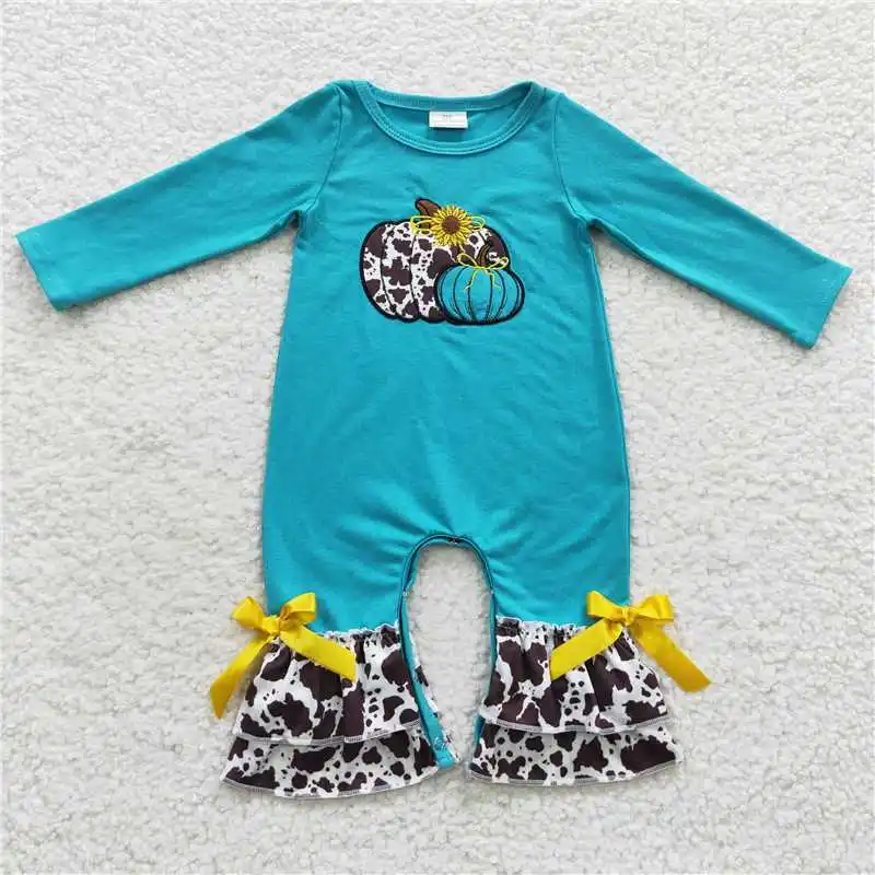 

Embroidered ink pattern pumpkin teal long-sleeved jumpsuit