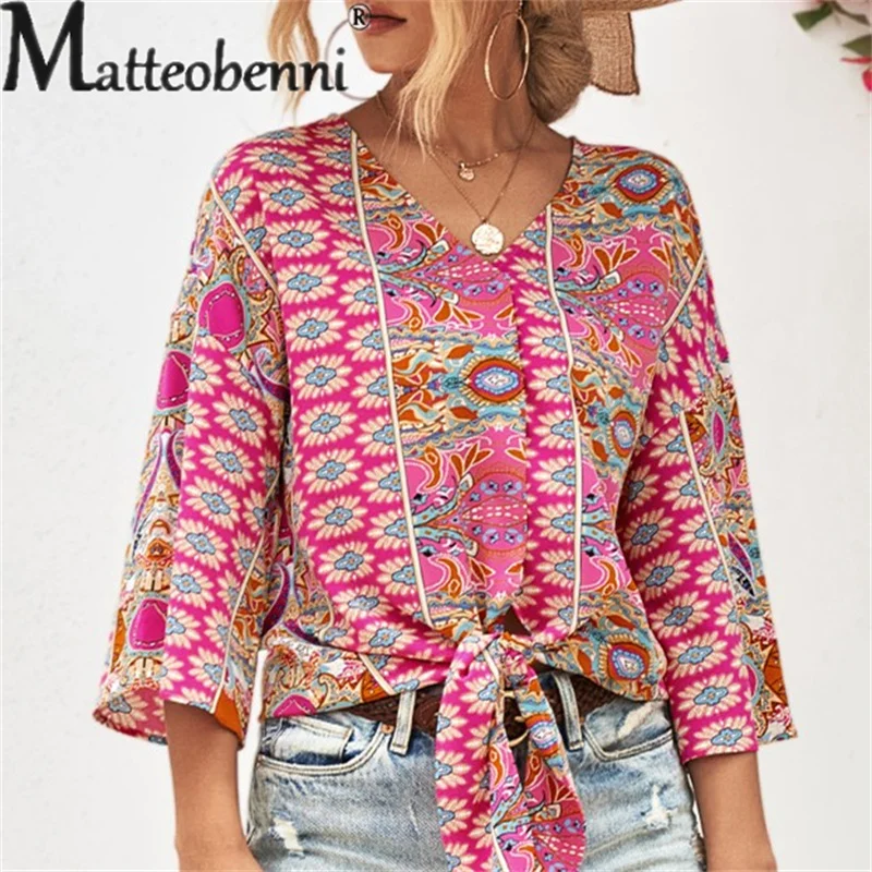 

Women's Sweet Style Print Chiffon Shirt Elegant Lace-up Hem V Neck Pullover Tops Female Vacation Casual Seven-part Sleeve Blouse