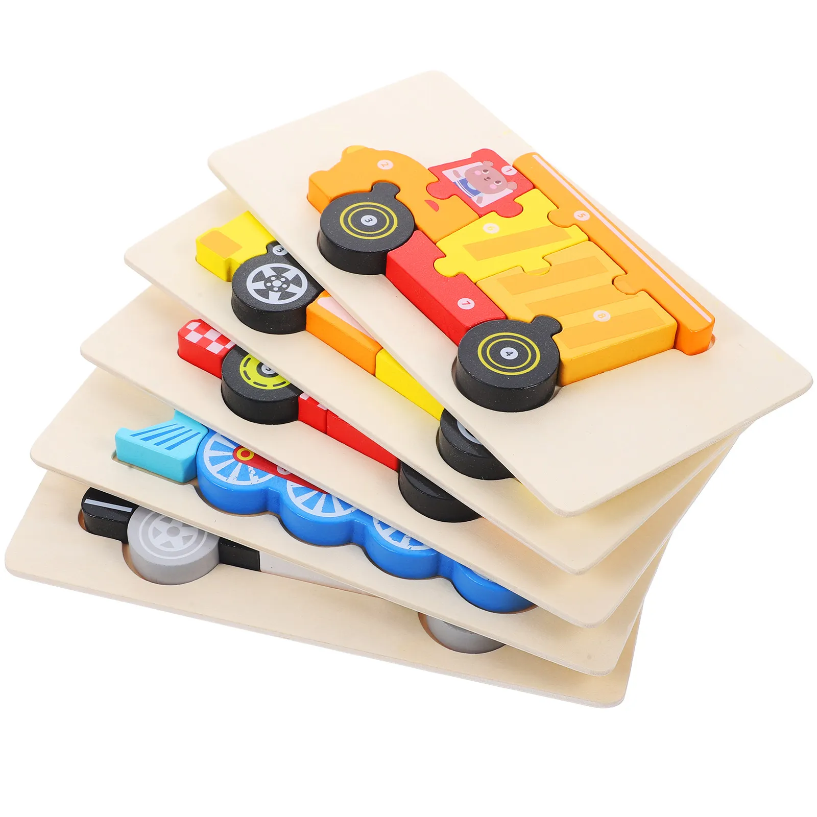 

5 Sets Wood 3D Puzzle Educational Game Cartoon Design Cognitive Learning Toddler Wooden Puzzle for Kids Children