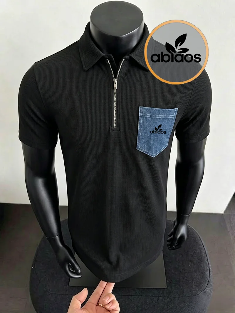 European and American style men's waffle half zip polo shirt denim contrasting pocket short sleeved popular foreign trade item view 2