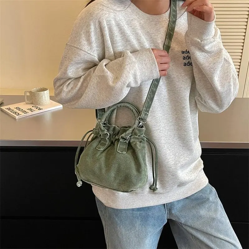 Women Denim Ruched Bag with Drawstring Vintage Y2K Small Crossbody Handbag with Top Handle for Daily Casual Travel