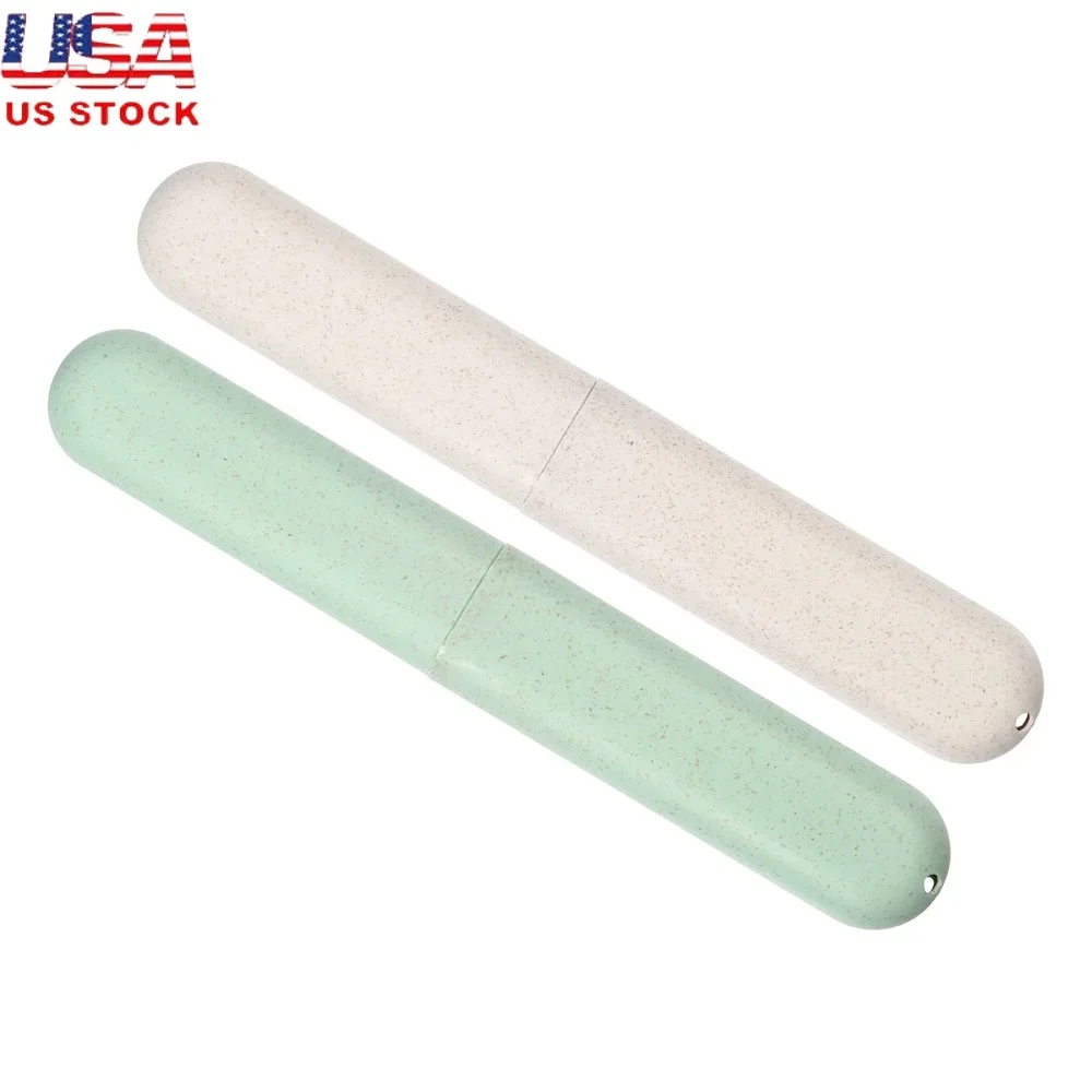 

2Pcs Toothbrush Holders Case Green Beige Travel 8.07"x1.22"x0.83