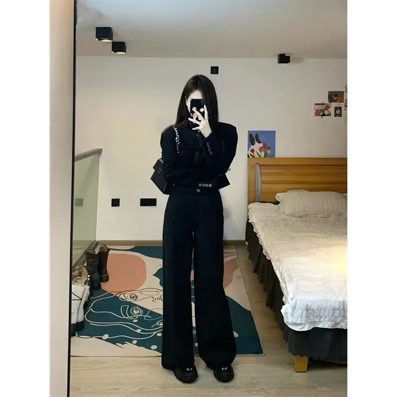 

Korean Black Two Piece Sets Women Outifits Autumn Winter Long Sleeve Cropped Blazer Coat + High Waisted Wide Leg Pant Suits Y2k