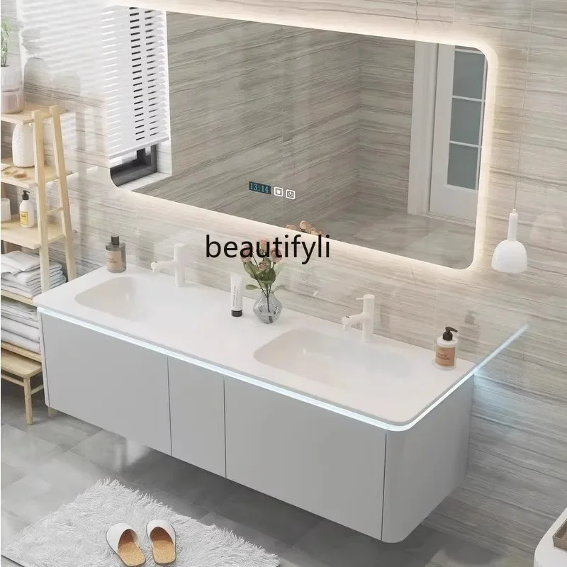 Solid Wood Smart Bathroom Cabinet Set with Double Basin DuPont Corian Integrated Basin for Washroom