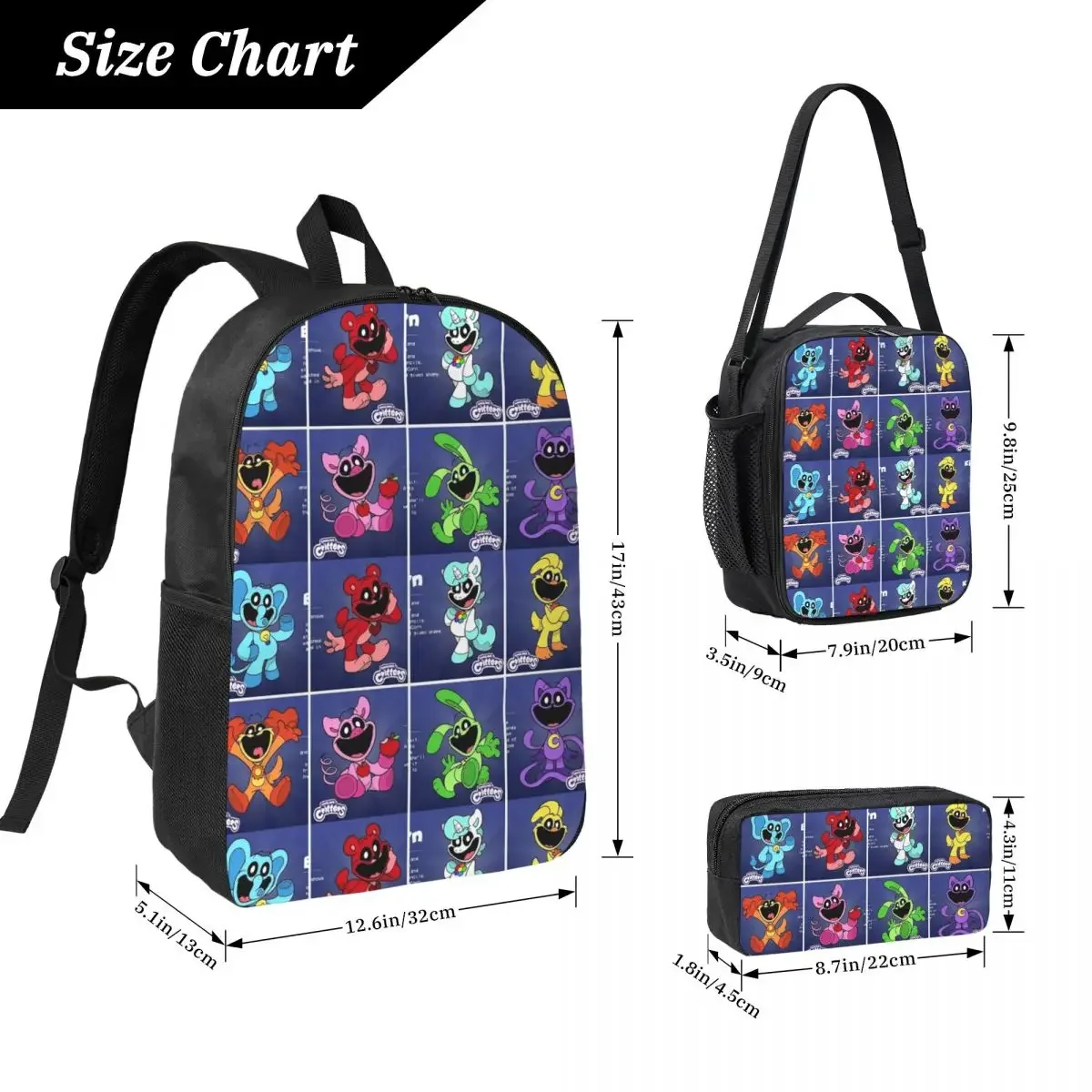 Smiling Critters Cartoon Game Backpack Student Boys Girls BookBag School Bag Shoulder Bags 3ps Insulated Lunch Bag Pencil Case