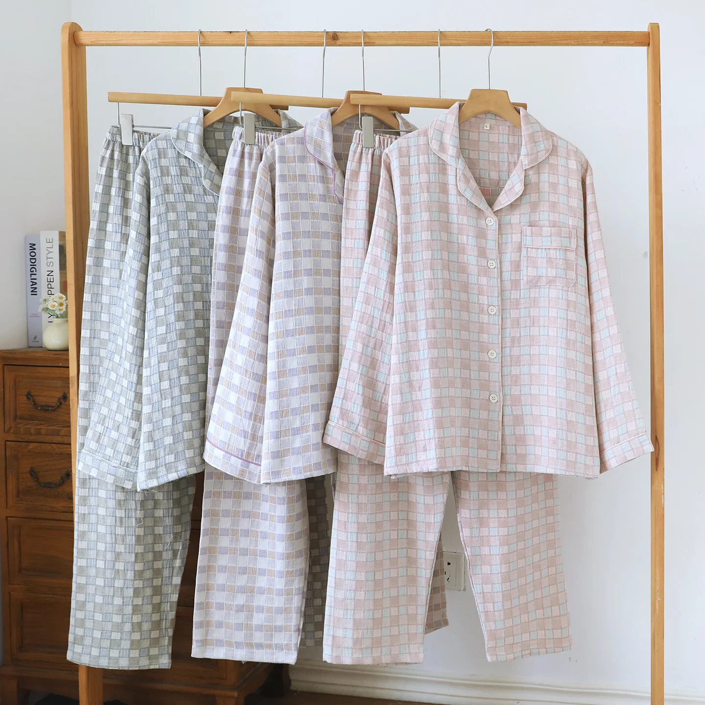 

Cotton Women's Spring and Autumn Long Sleeved Long Pants Thin Loose Size Home Clothes Two-piece Pijama Set