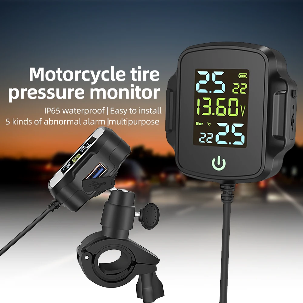 1set Motorcycle Tpms Tire Air Pressure Gauge Monitoring System With 2 Exteral Sensors Smart Tyre Alarm Kit Motorbike Accessories