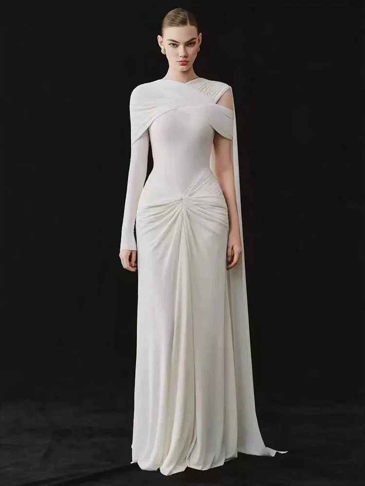 Sexy One Shoulder Folds Draped Long Dress Women White Long Sleeve Ruched Hollow Out Slim Dresses Evening Party Gowns