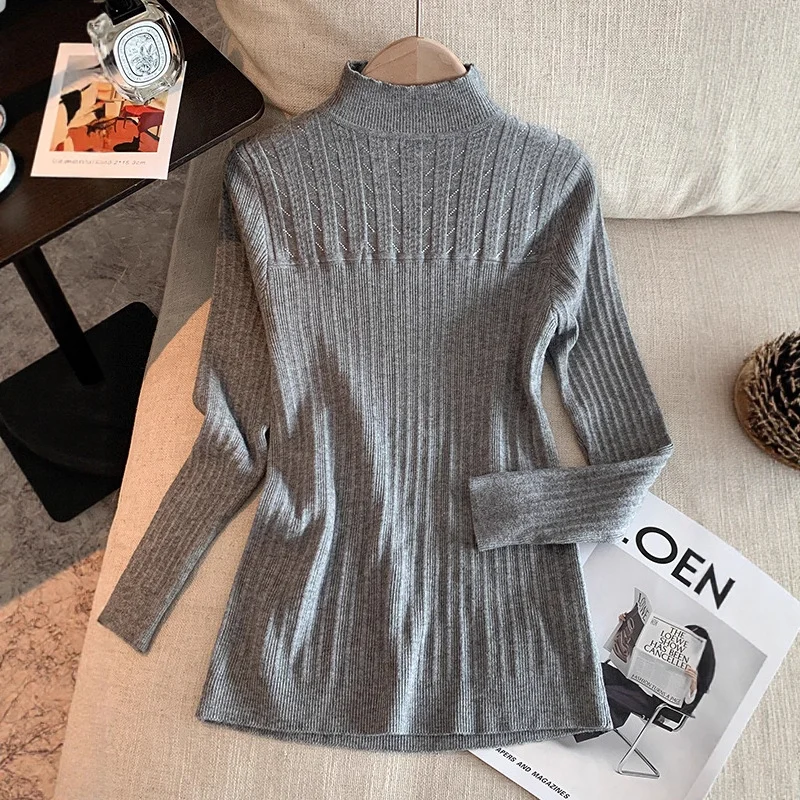 

Women's Autumn Winter New Solid Color Slim Fit Mock Neck Niche High End Knitwear Stylish Base Layer Pullover Top