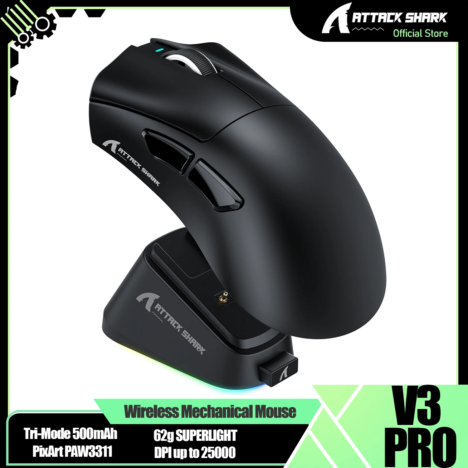 

ATTACK SHARK V3PRO 62g Wireless Gaming Mouse with Magnetic Charging Dock, PixArt PAW3311 Sensor, Up to 25000 DPI, 500mAh