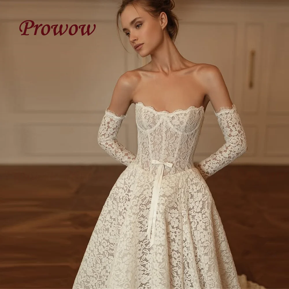

Prowow Luxury A Line Lace Wedding Dress Sweetheart Neck Floor Length Bridal Gown with Sleeves Sleeveless Corset Customized