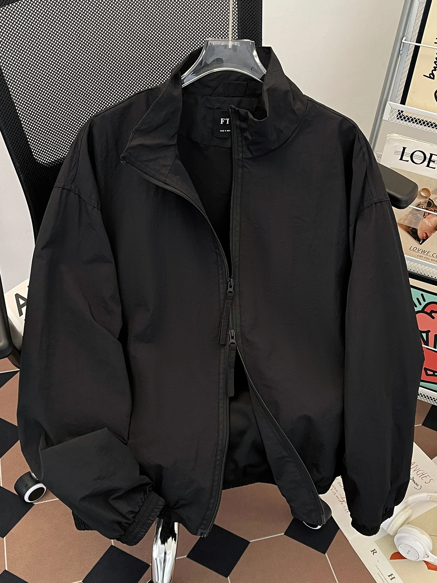 

Spring Autumn Stand Collar Jaet Men Casual Trendy Color Spor High Street Loose Fit Zipper Decorated Polyester Fiber