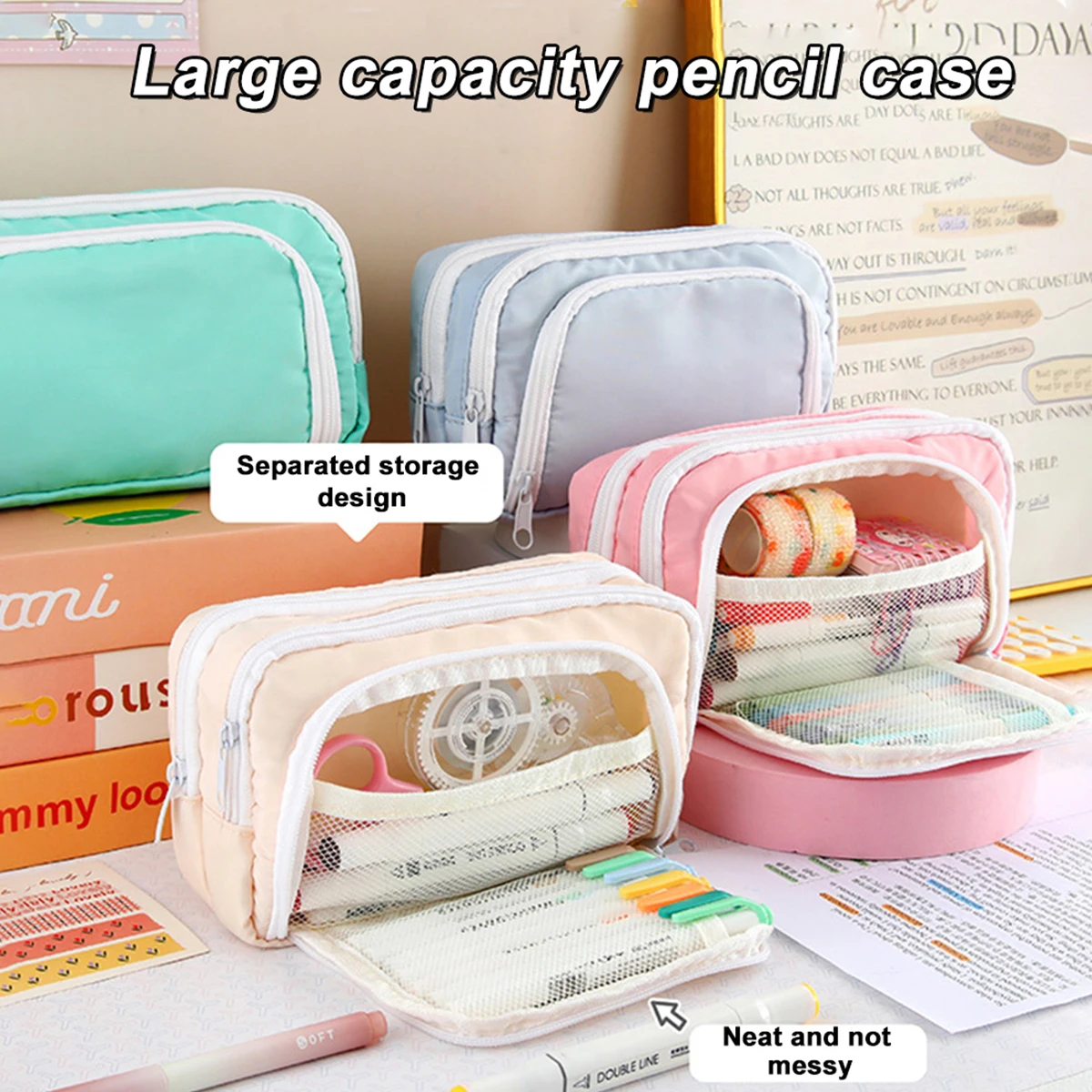 مقلمة بسحاب مكونة من 3 طبقات، سعة كبيرة مقاومة للماء للطلاب والأطفال، حقيبة تخزين قرطاسية للوازم المدرسية