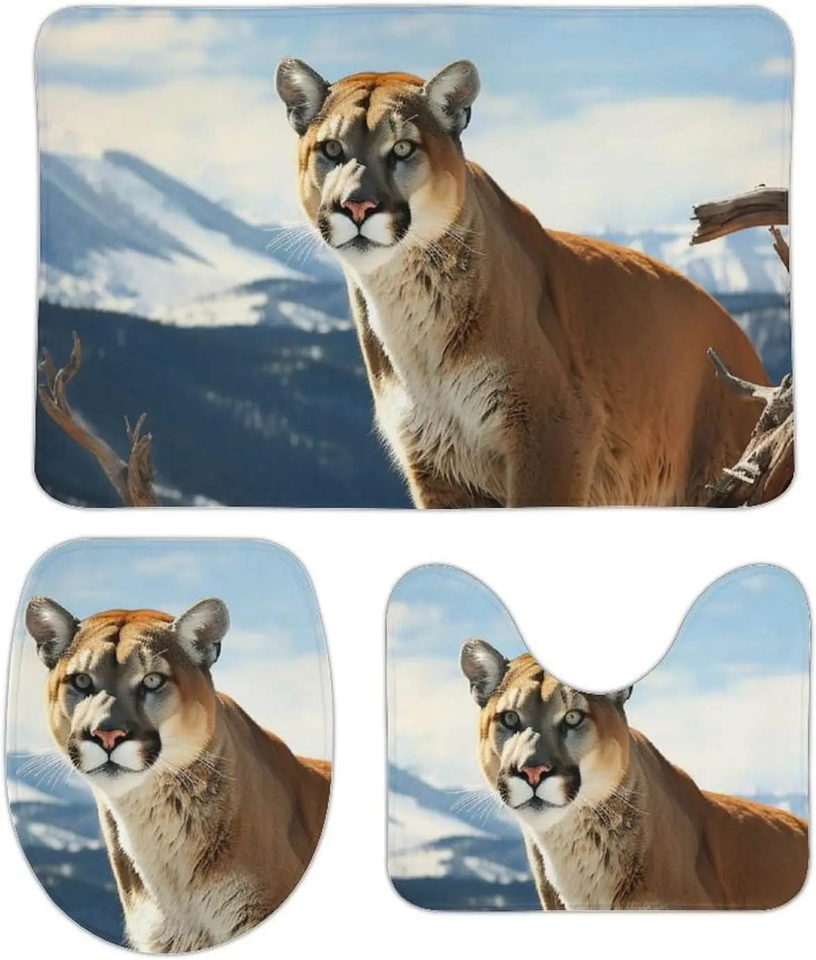 3 Piece Bath Rug Set Non Slip Absorbent Bath Mat Contour Mat with Toilet Lid Cover Panther Mountain Lion Soft Floor Mats
