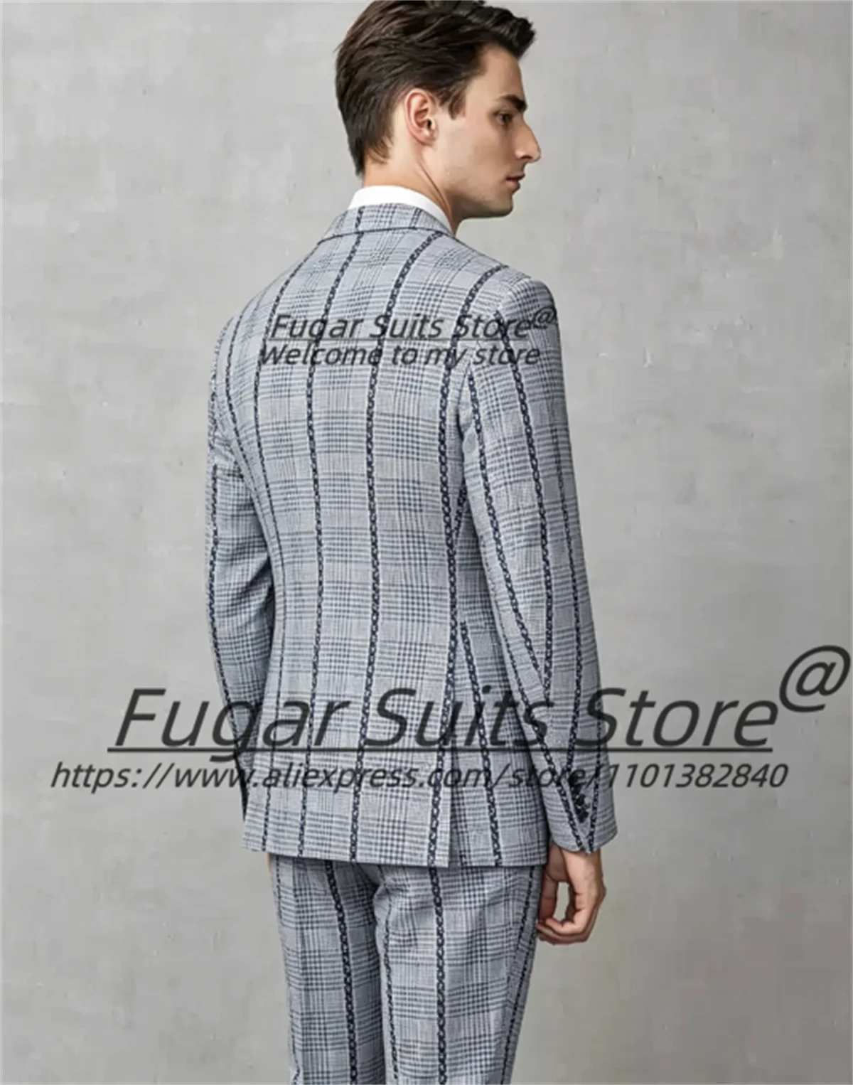 Customized Light Grey Plaid Men Suits Slim Fit  Notched Lapel Groom Wedding Tuxedo 3Pcs Sets Male Party Blazers  Terno Masculino