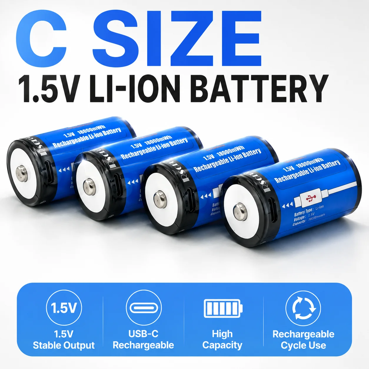USB-C Rechargeable C Size Li-ion Battery 1.5V LR14 High Capacity with over 19000mWh Long Lasting for Flashlight Toys Lanterns