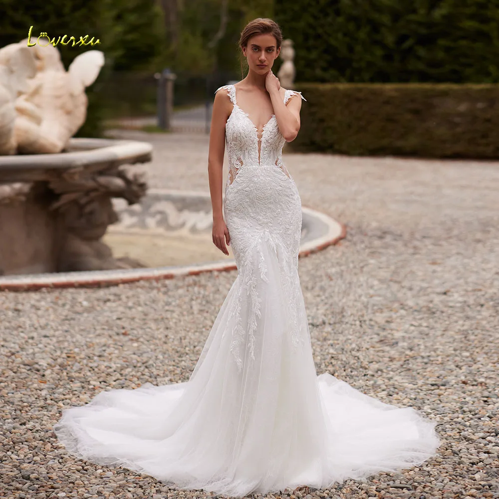 Loverxu Sirena Abiti da sposa sexy Sweetheart senza maniche Vestido De Novia Applicazioni di pizzo Abiti da sposa glamour su misura