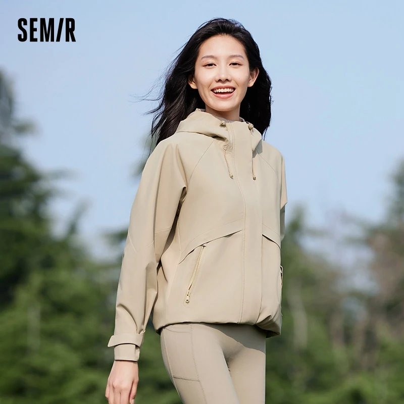 Semir Jacket Women Mid-Length Jacket Sleeves Loose-Fit Waterproof Oil-Resistant Stain-Resistant 2024 New Autumn Hooded Jacket