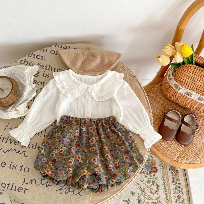 New autumn baby clothing, 2-piece set of 0-3 year old baby girl doll neck jacquard top and floral double layered pants