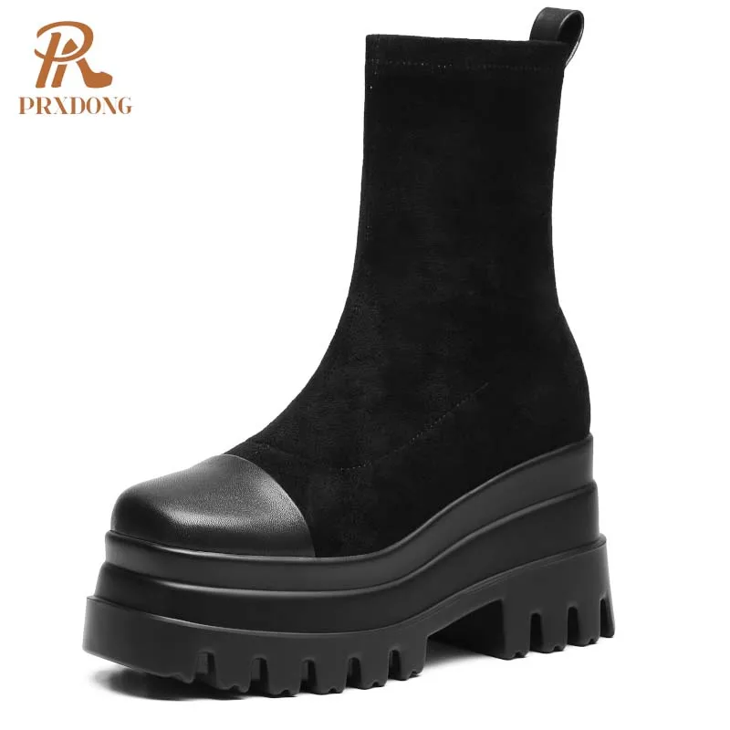 PRXDONG INS New Classics Real Leather Shoes For Women Chunky High Heels Platform Punk Black Dress Casual Lady Ankle Boots Autumn