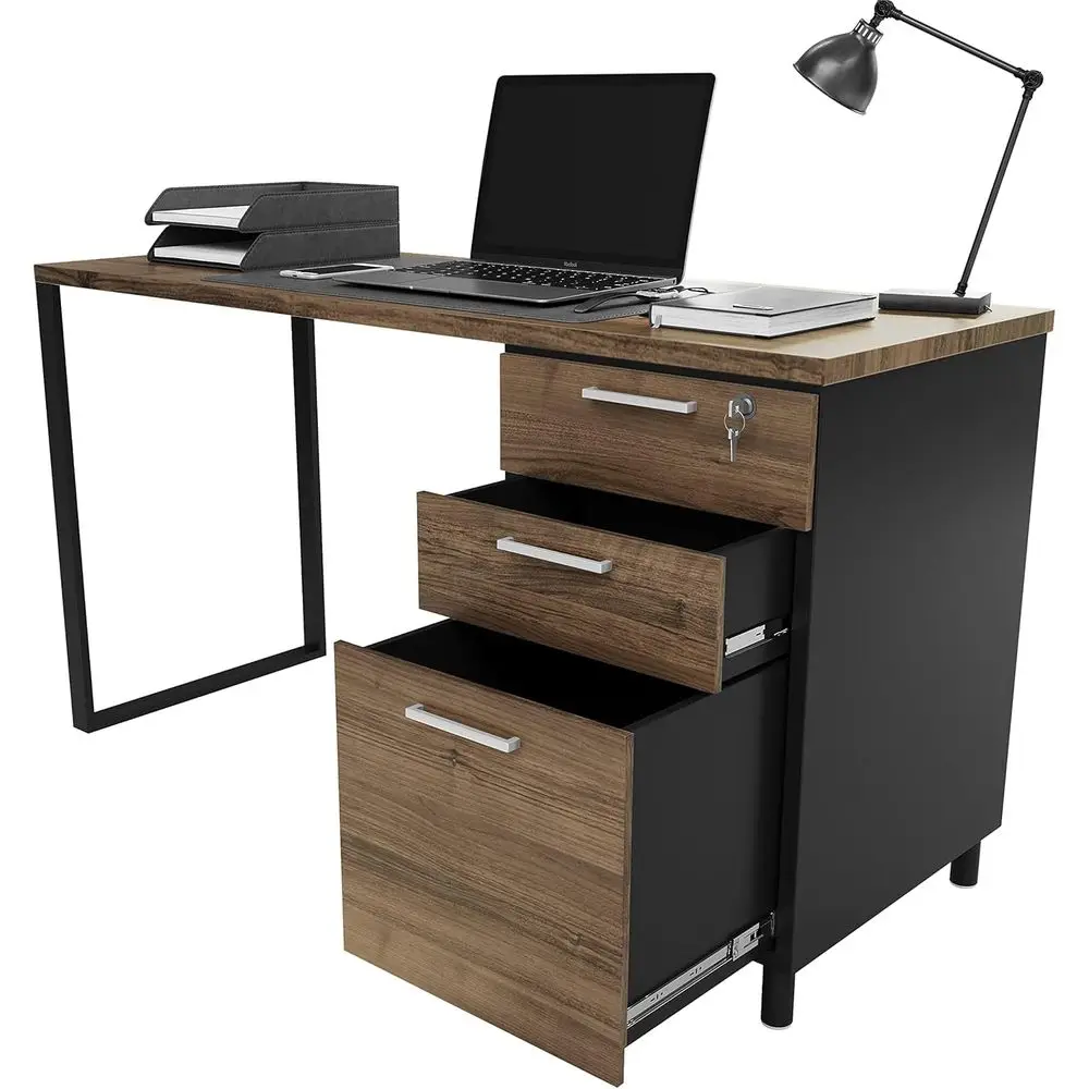 

48 Walnut & Black Industrial Style Desk with 3 Drawers, Filing Cabinet and Storage