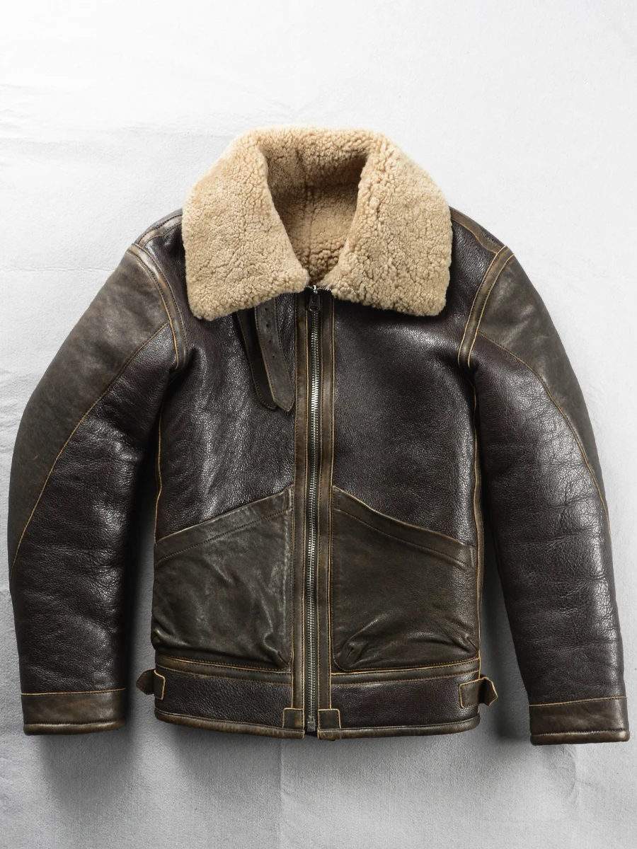 Dark Brown Winter Shearling Jacket Men Retro Military Style Plus Size 6XL Natural Thick Sheepskin Spliced Genuine Leather Coat