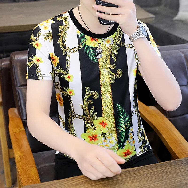 

Unusual Clothes Products Luxury Silk Casual Blouse Chain Pirnted T Shirts Social Club Outfits 2022 Mens Clothing Summer Tee Slim