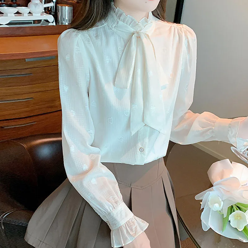 

Модная женская рубашка с длинным рукавом на шнуровке, шифоновая рубашка с рюшами, блузка, женские топы, Camisas Blusa Blusas Camisas De Mujer 2024 M250