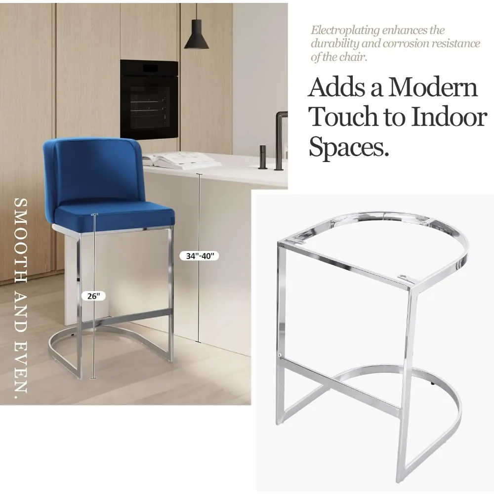 カウンター高さ26インチのバースツール2脚セット、背もたれとC型メタルフレーム付きモダンベルベットバースツール、布張りバーチェアカウンター