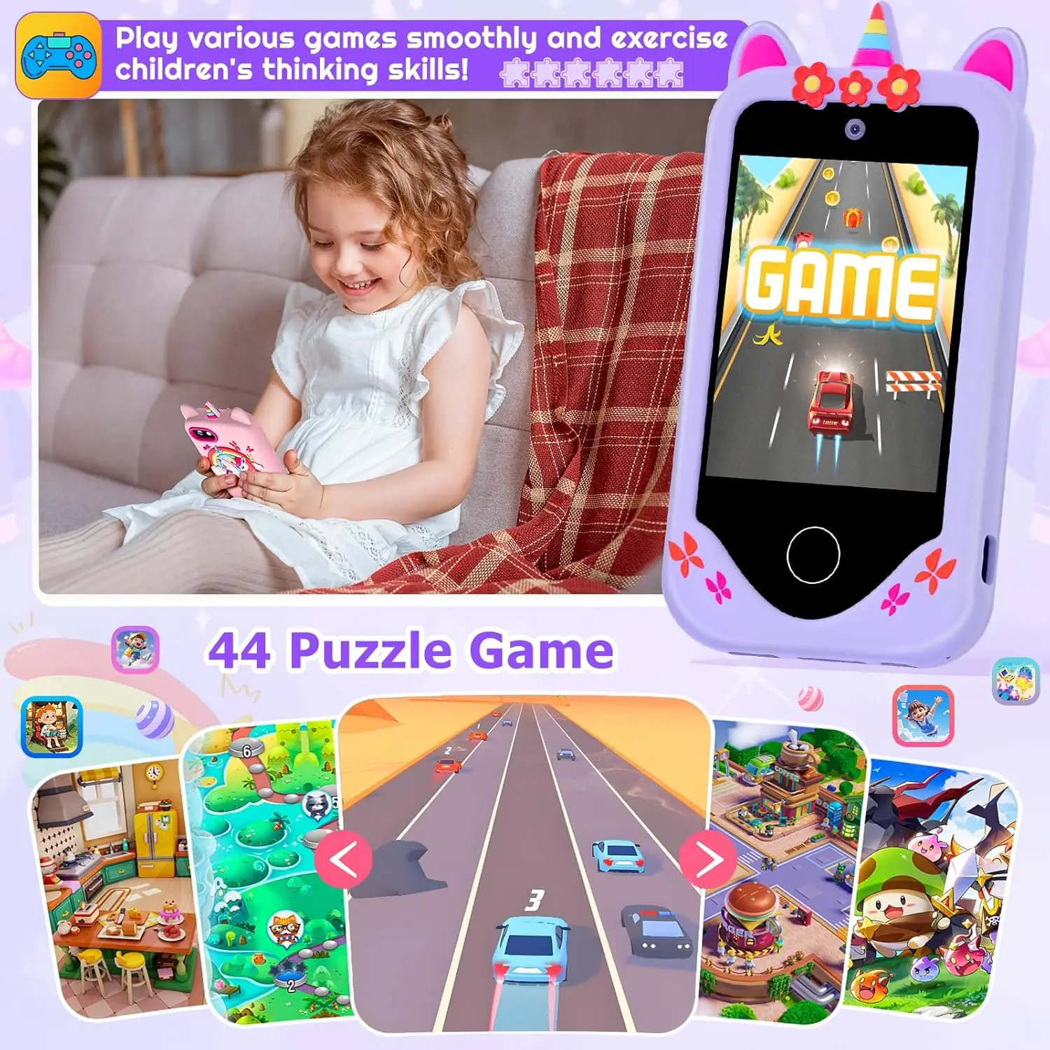 Giocattolo per smartphone per bambini Touch screen da 2,8 pollici Doppia fotocamera per imparare a giocare con giochi Lettore video Regalo per ragazza per Natale