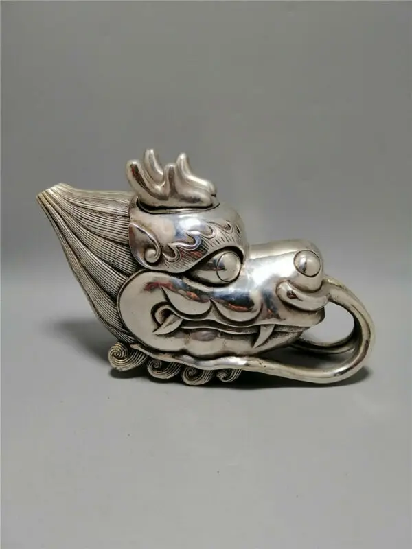 

7.87"Exquisite Chinese Pure copper silvering Seiko Dragon head Teapot wine pot