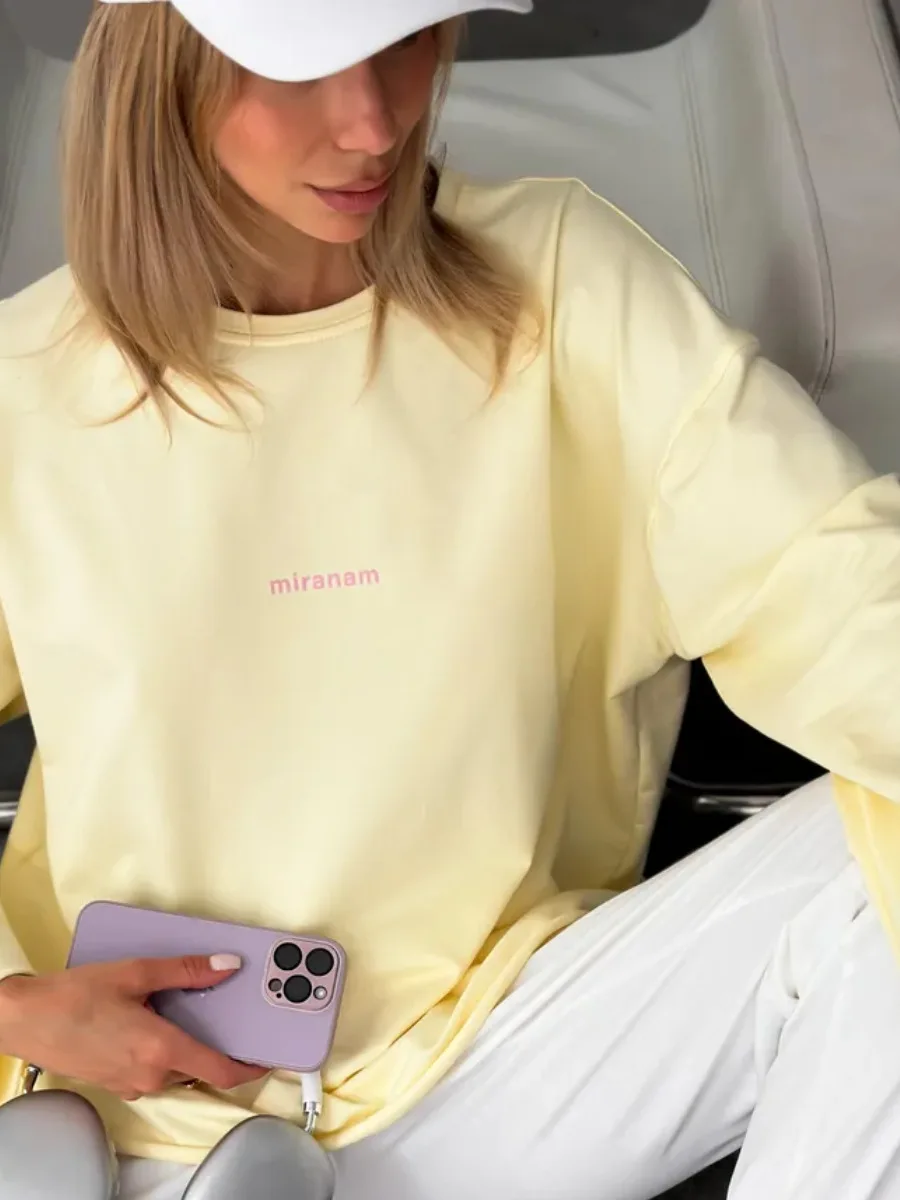 Women Oversized Long Sleeve Sweatshirt Crew Neck Letter Print Pullover Loose Casual Solid Color Tops Fashion Streetwear Basic So