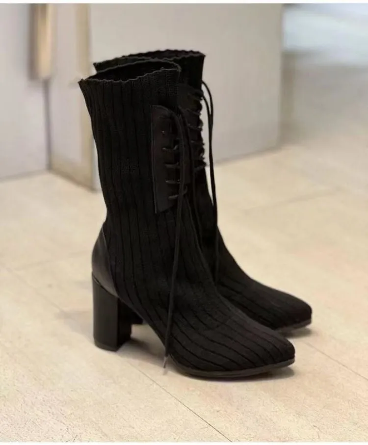 Autumn and winter new fashion splicing knitted elastic socks boots high heel short boots woman\'s head thick fashion skinny boots