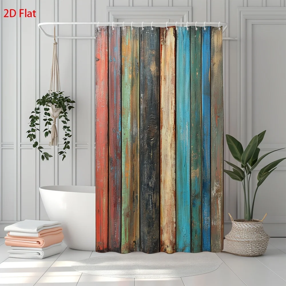 2D Flat, 2D Flat 1pc Colorful Wooden Fence Shower Curtain Eight Vertical Planks in Red, Orange, Green, Teal, Blue, Yellow, Beige
