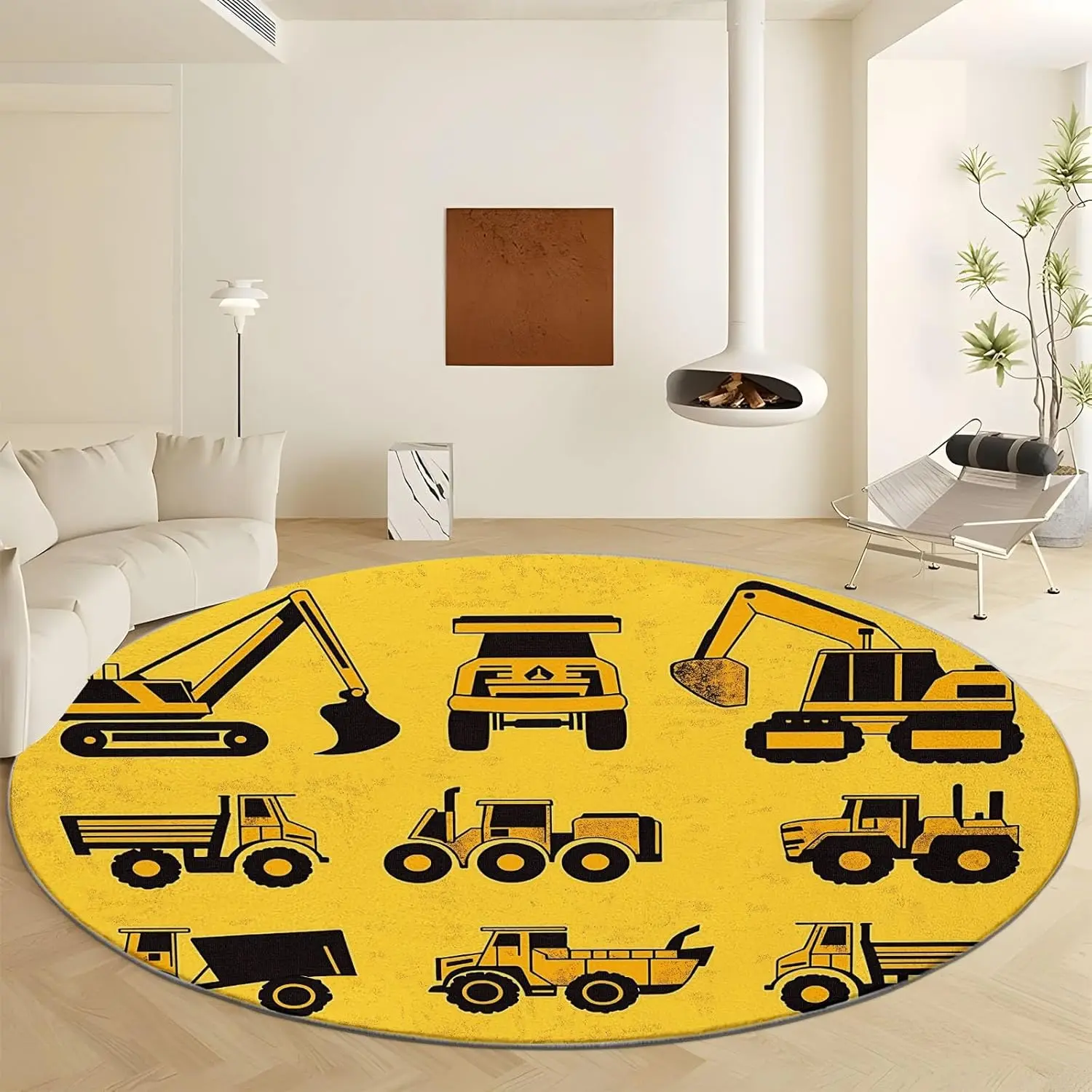 Engineering Vehicles Print Round Rug,Cartoon Toy Car Washable Circular Carpet Runner Slip Circle Area Rug Carpet Absorbent Mat