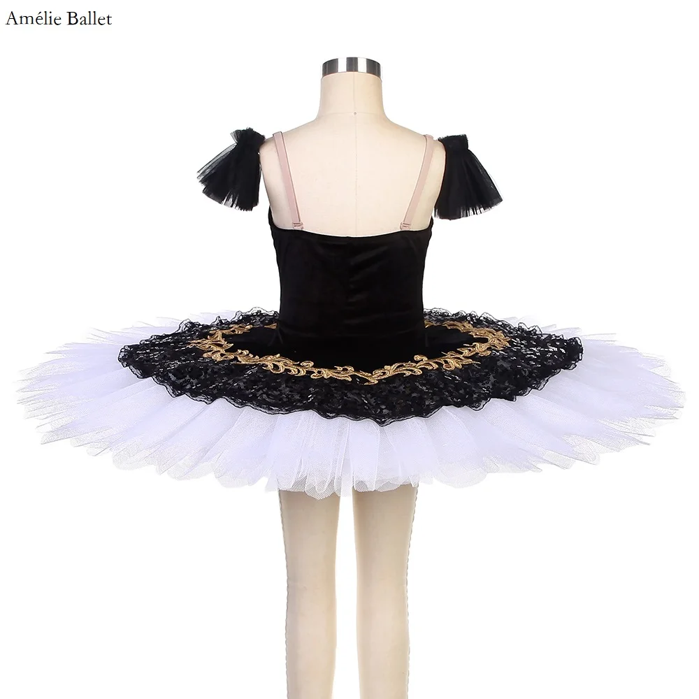 BLL526 Black Velvet Top Bodice with Gold Sequin Trim Pre-Professional Ballet Tutu Theater Costumes Adult Girls Ballerina Dresses