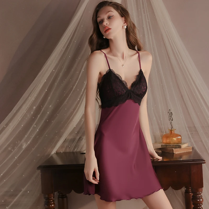 Sexy French Lace Satin Nightgown Plus Size Camisole Open Back Tie Sleepwear with Built in Pads Smooth Silk  Homewear