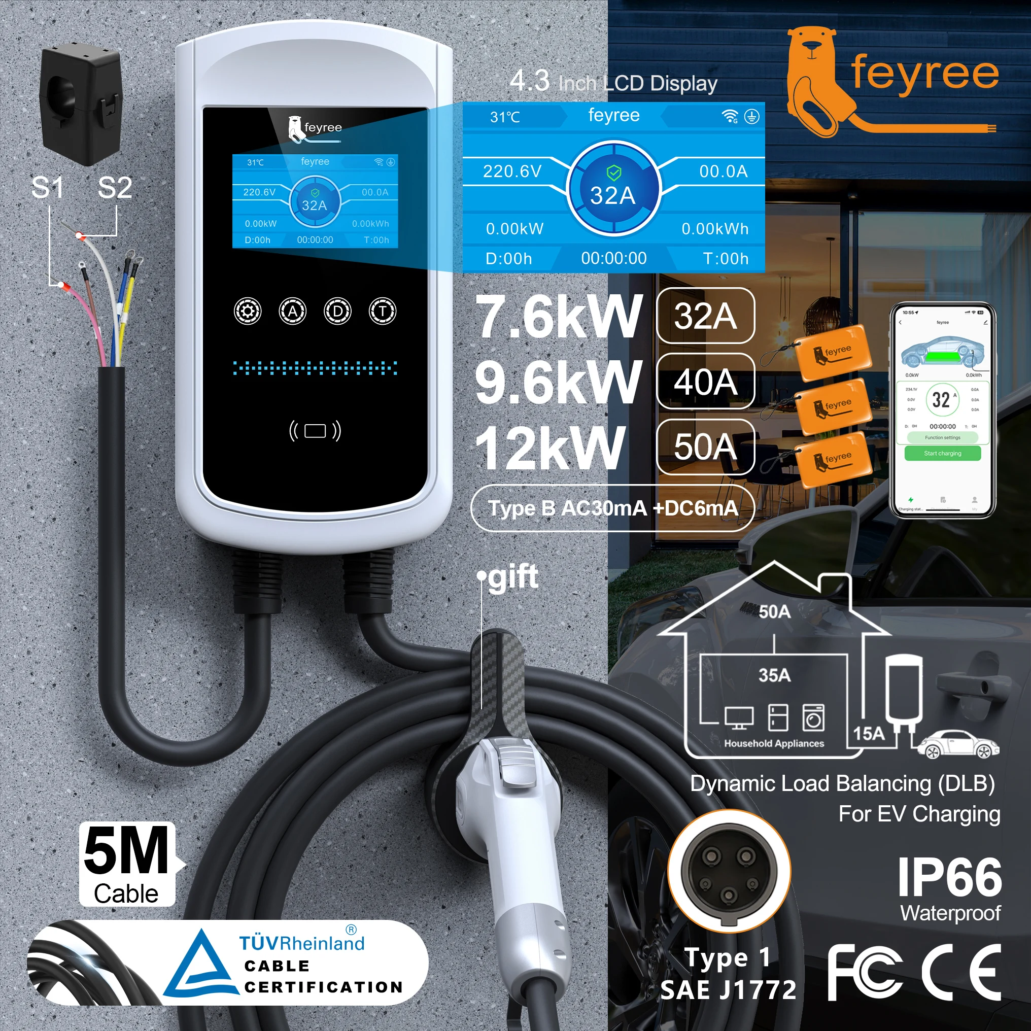 

Зарядное устройство для электромобилей Feyree Type1 32A 7.6kW EVSE Wallbox с 4.3-дюймовым экраном, динамическим балансированием нагрузки, 40A 9.6kW, 50A 12kW, умное приложение с функцией записи данных зарядки.