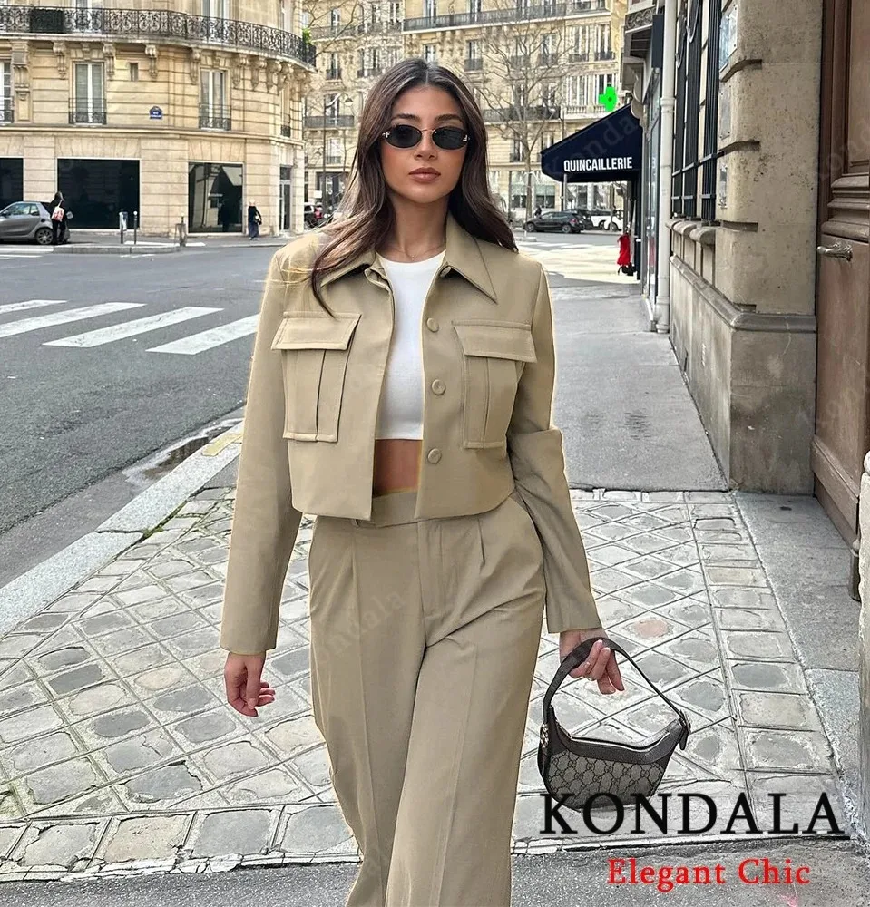 콘달라 가을 캐주얼 숏 블레이저 수트 여성 포켓 라펠 재킷 팬츠 포함 신상 2025 봄 여름 휴가 출퇴근 블레이저 수트