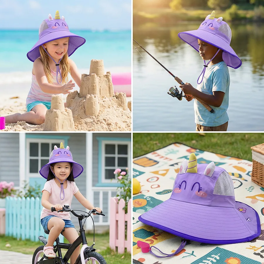 3-10YChildren's Sun Protection Hat - Summer Lightweight Quick-Drying Cartoon Big Brim Girls' Beach Sun Protection Neck Cover