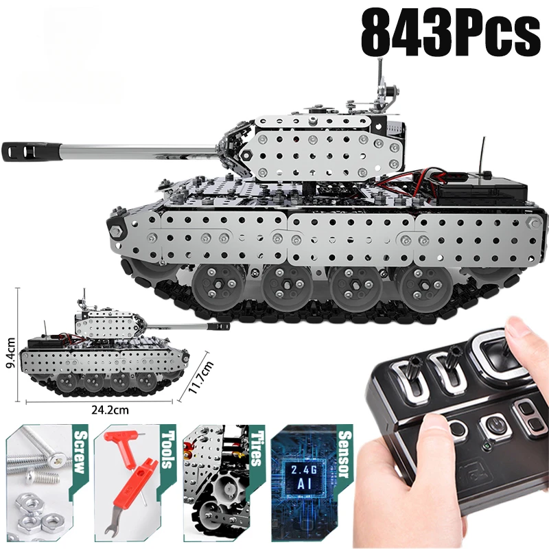 Metal building block tank assembly alloy excavator robot with power system remote control toy