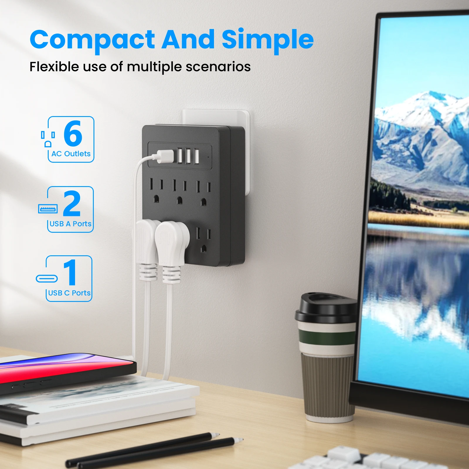 6 AC Power Strip, 3 USB Ports, 1 USB-C Fast Charging Port. The Power Strip Surge Protector Provides Overload Protection for Home - view 5
