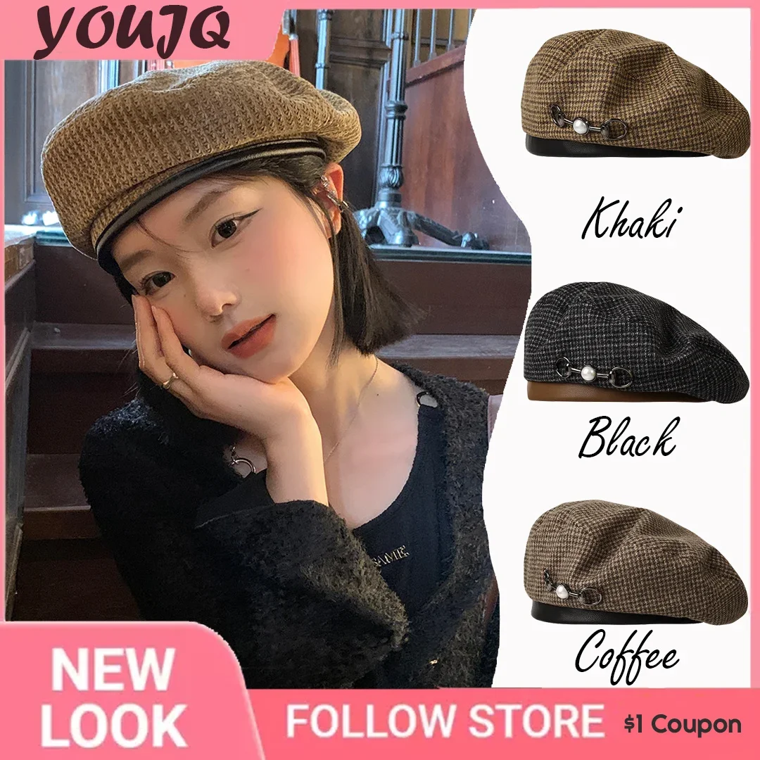 Maillard Style Suede Beret Caps Autumn Winter Beanies Hats for Women French Artist Retro PU Painter Hat Ladies Octagonal Caps