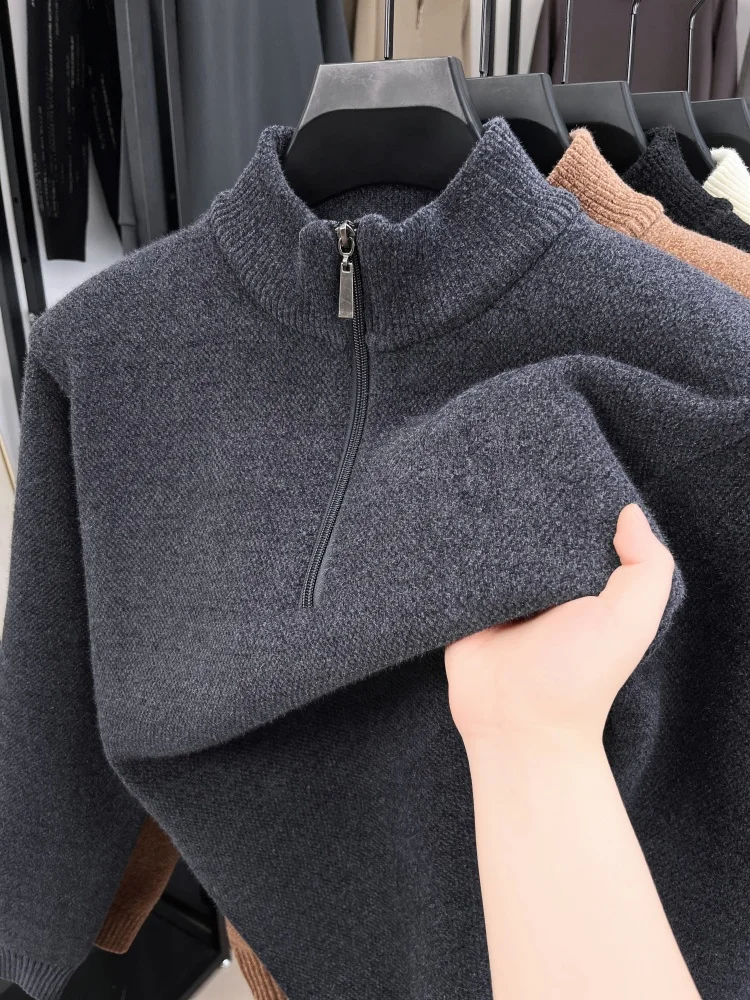 High quality plush warm men's sweater fashion zipper semi high neck simple solid color casual versatile new knitted pullover