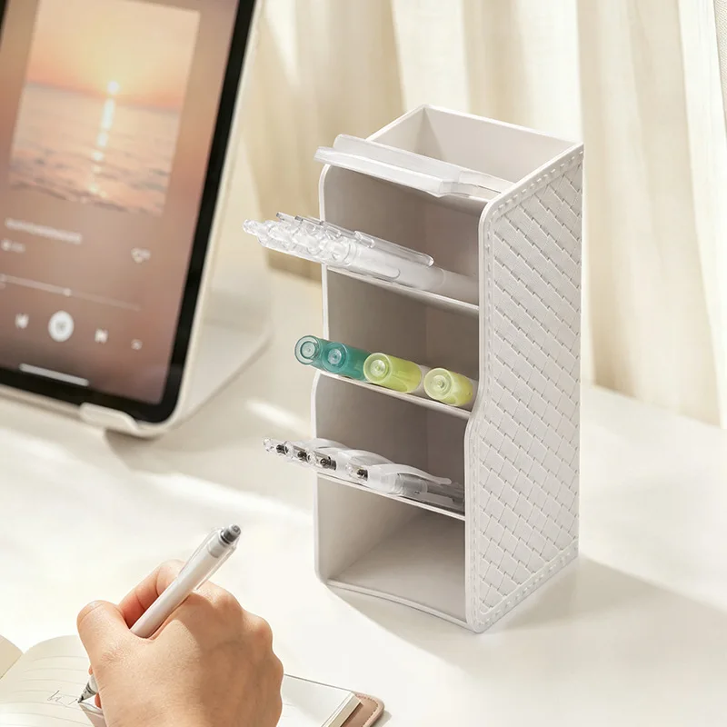 Slant Pen Holder Faux Leather Texture Desktop Multi-grid Stationery Organizer Large Capacity Pencil Rack Office Student Use